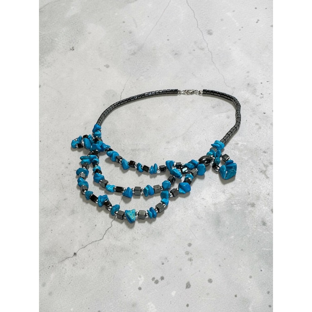 19" Layered Bib Necklace Blue Black Beaded Multi-Strand  Hematite‎ Boho